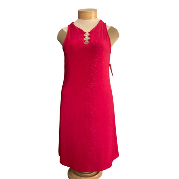 Tash + Sophie Red Sleeveless Embossed A-Line Dress Large Made in USA New - Picture 1 of 11